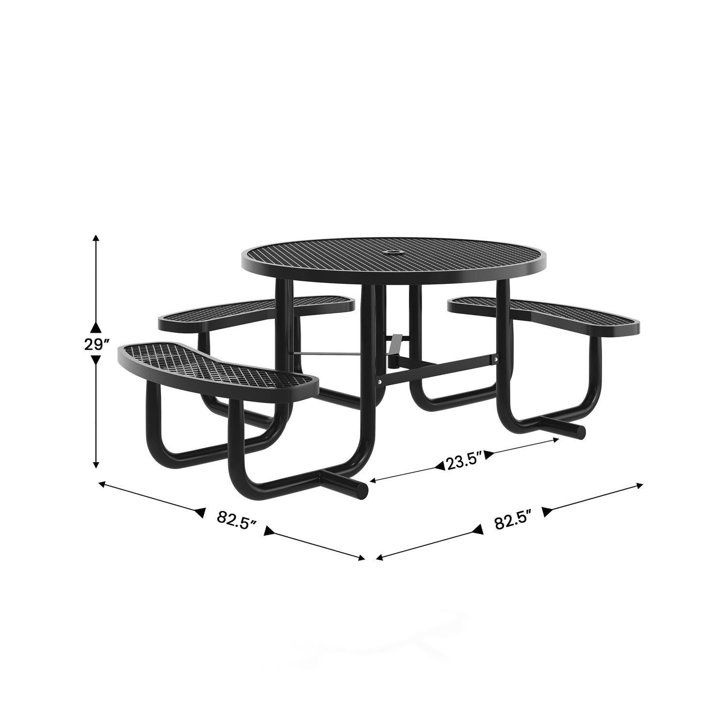 Creekside 46" Round Wheelchair Accessible Outdoor Picnic Table with Expanded Metal Mesh Seats and Top with Umbrella Hole and Ground Anchors, Black Black
