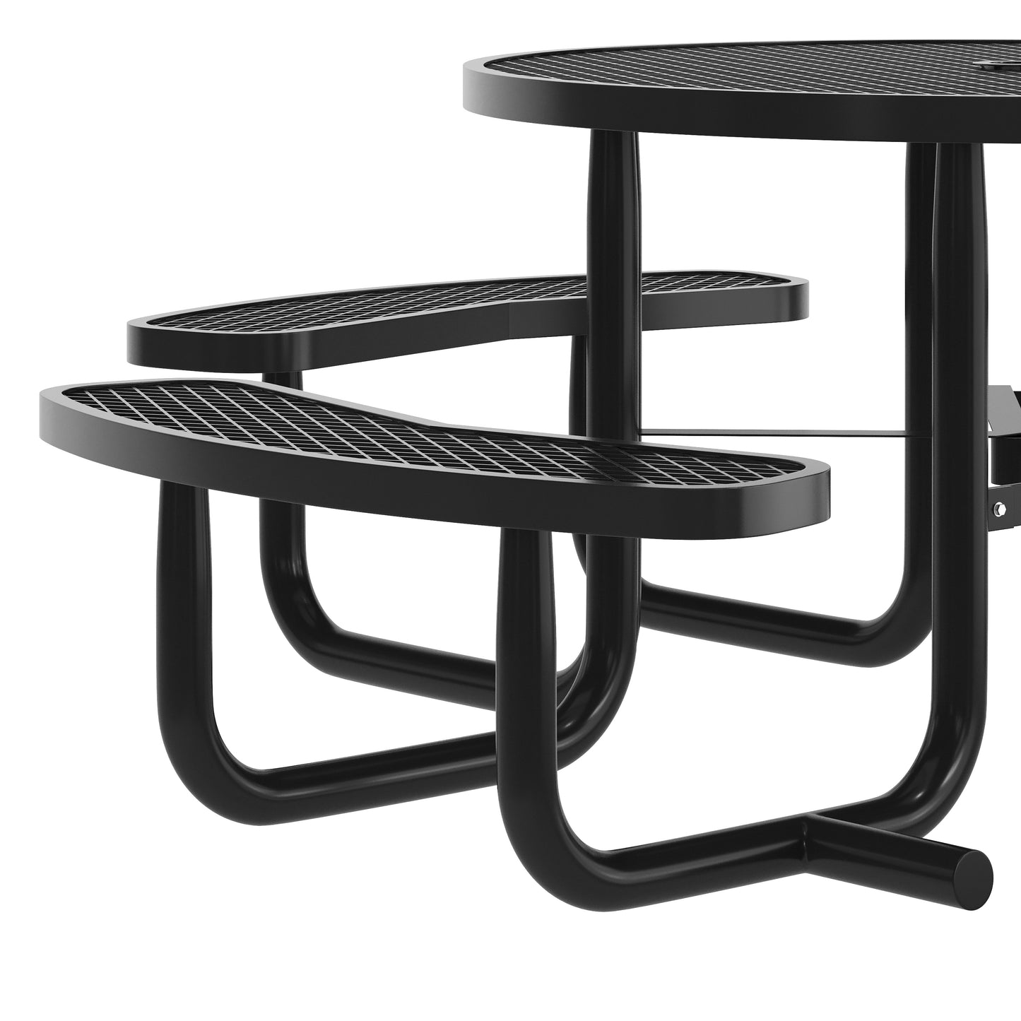 Creekside 46" Round Wheelchair Accessible Outdoor Picnic Table with Expanded Metal Mesh Seats and Top with Umbrella Hole and Ground Anchors, Black Black
