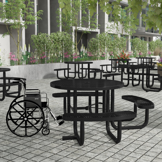 Creekside 46" Round Wheelchair Accessible Outdoor Picnic Table with Expanded Metal Mesh Seats and Top with Umbrella Hole and Ground Anchors, Black Black