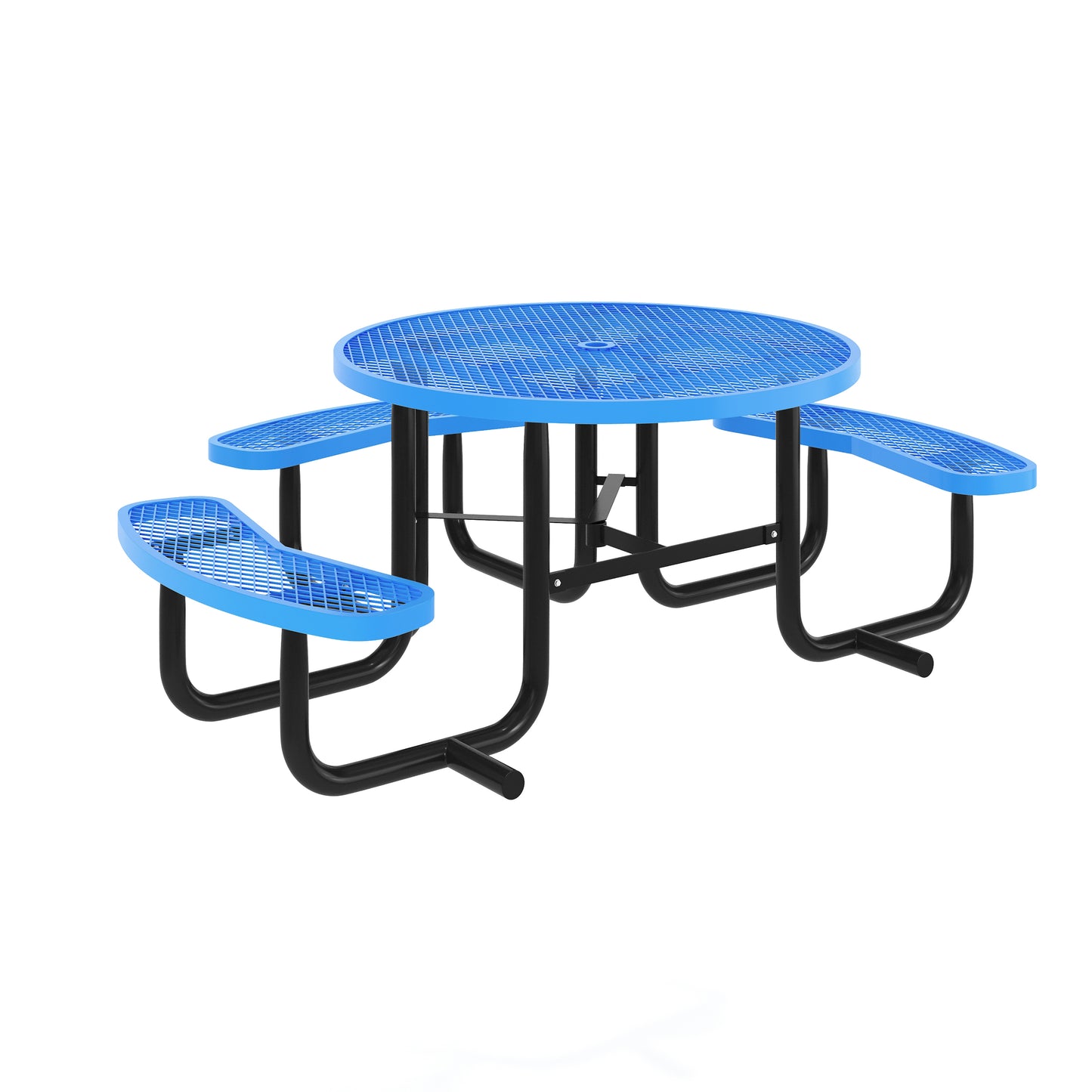 Creekside 46" Round Wheelchair Accessible Outdoor Picnic Table with Expanded Metal Mesh Seats and Top with Umbrella Hole and Ground Anchors, Blue Blue