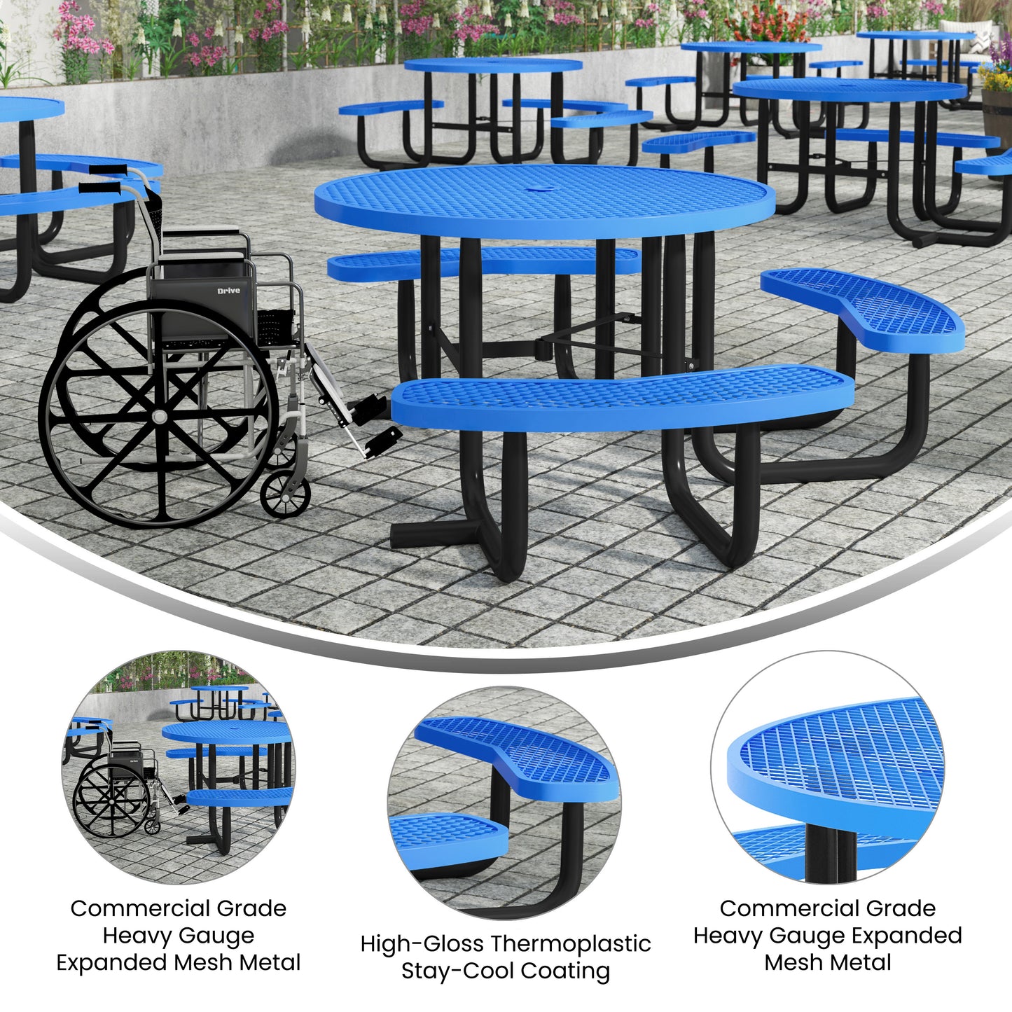 Creekside 46" Round Wheelchair Accessible Outdoor Picnic Table with Expanded Metal Mesh Seats and Top with Umbrella Hole and Ground Anchors, Blue Blue