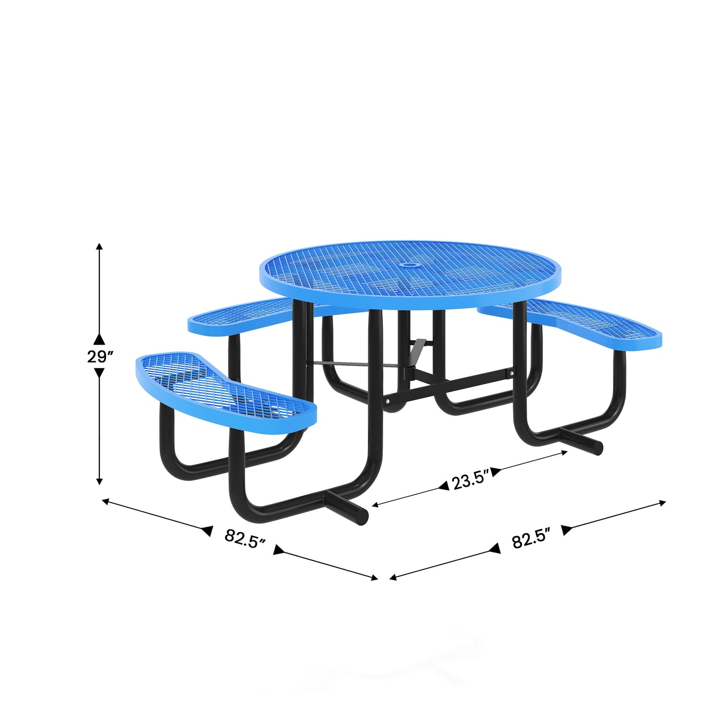 Creekside 46" Round Wheelchair Accessible Outdoor Picnic Table with Expanded Metal Mesh Seats and Top with Umbrella Hole and Ground Anchors, Blue Blue