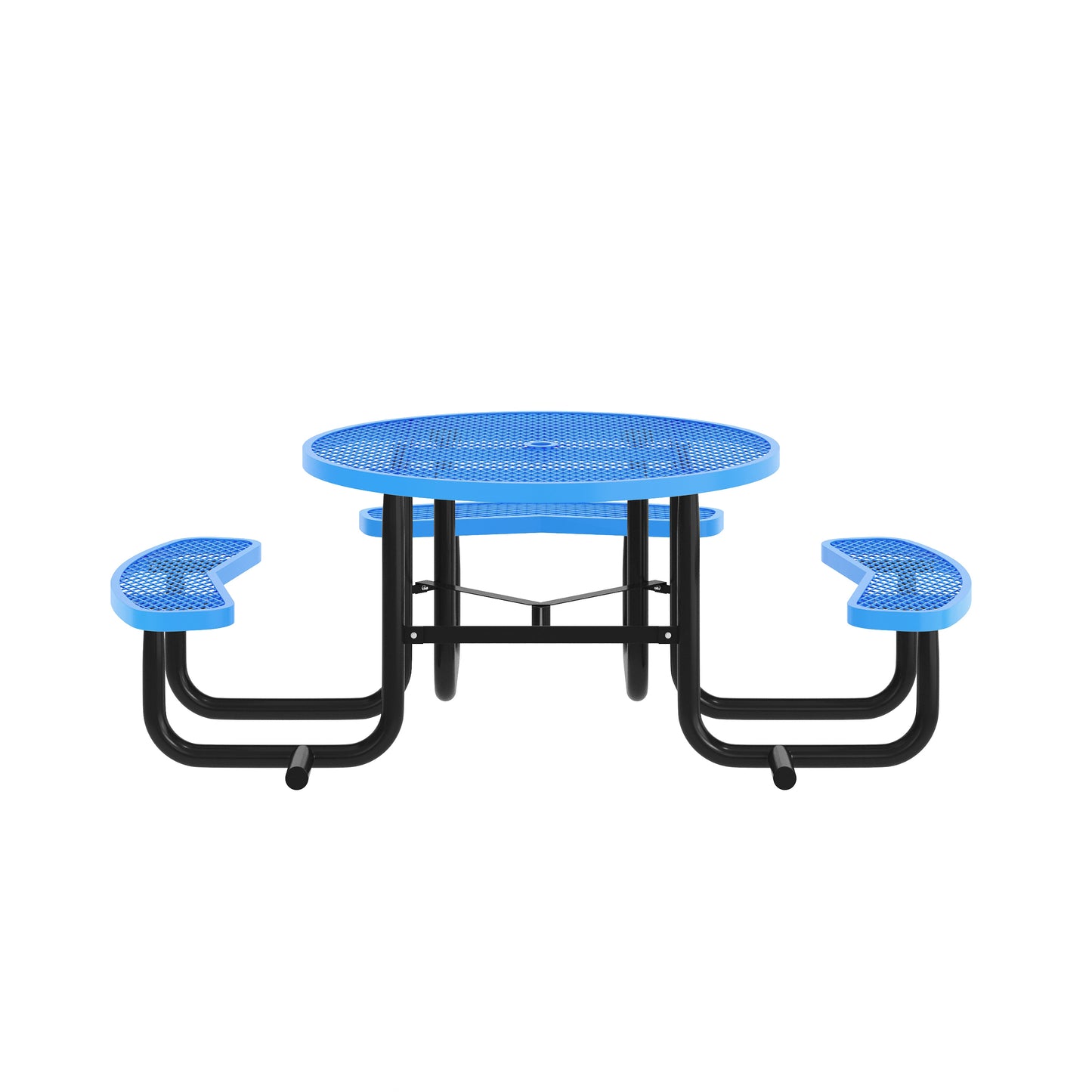 Creekside 46" Round Wheelchair Accessible Outdoor Picnic Table with Expanded Metal Mesh Seats and Top with Umbrella Hole and Ground Anchors, Blue Blue