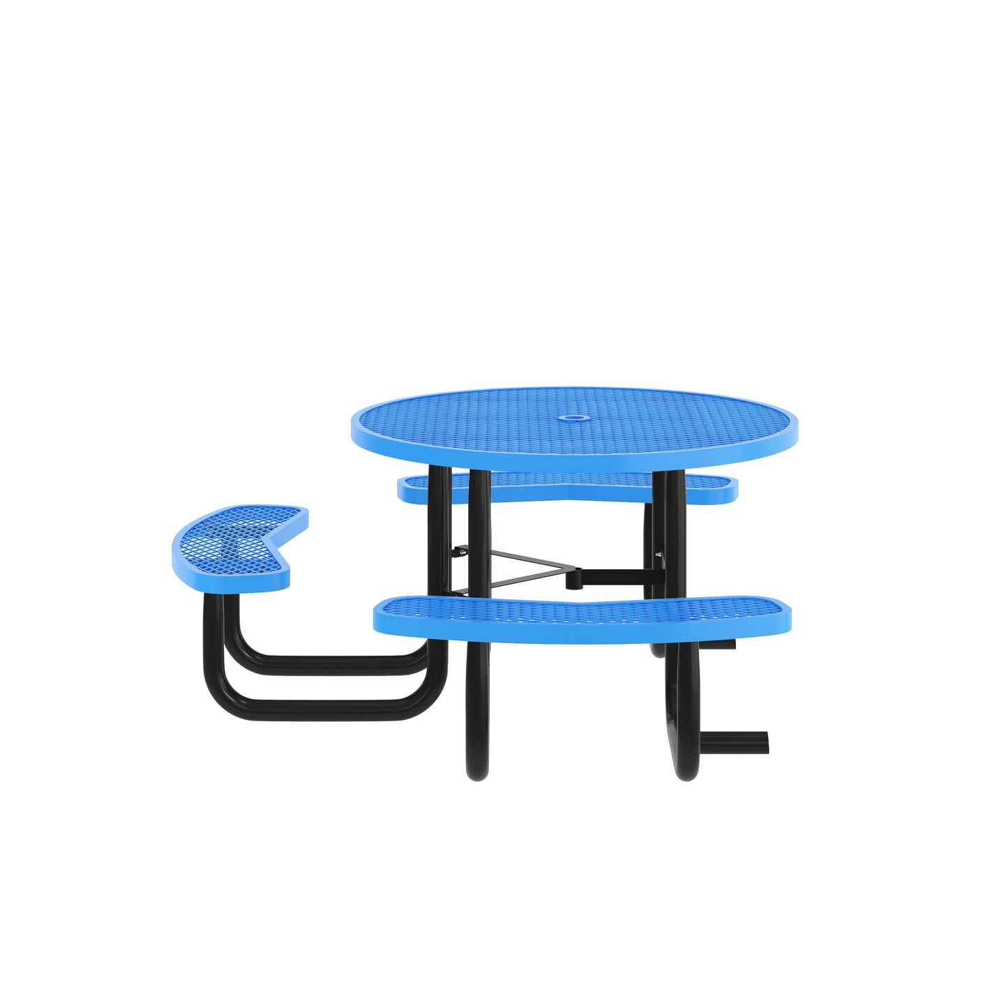 Creekside 46" Round Wheelchair Accessible Outdoor Picnic Table with Expanded Metal Mesh Seats and Top with Umbrella Hole and Ground Anchors, Blue Blue