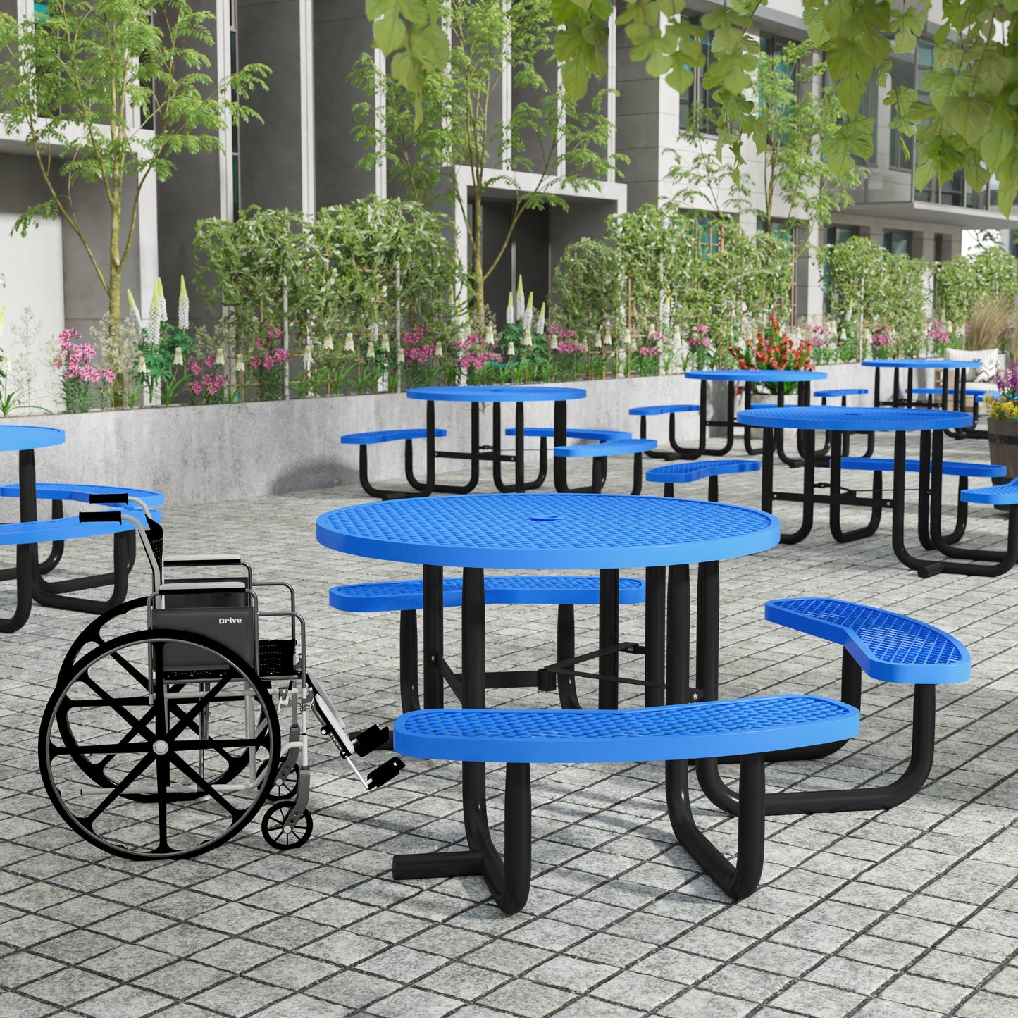 Creekside 46" Round Wheelchair Accessible Outdoor Picnic Table with Expanded Metal Mesh Seats and Top with Umbrella Hole and Ground Anchors, Blue Blue