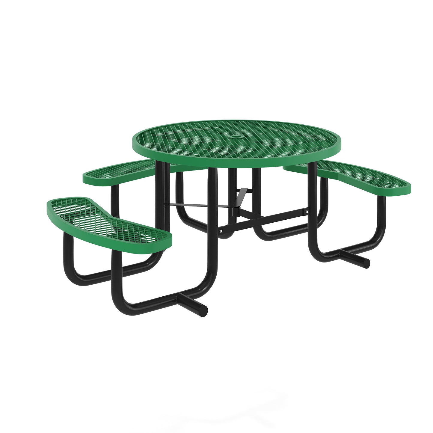Creekside 46" Round Wheelchair Accessible Outdoor Picnic Table with Expanded Metal Mesh Seats and Top with Umbrella Hole and Ground Anchors, Green Green