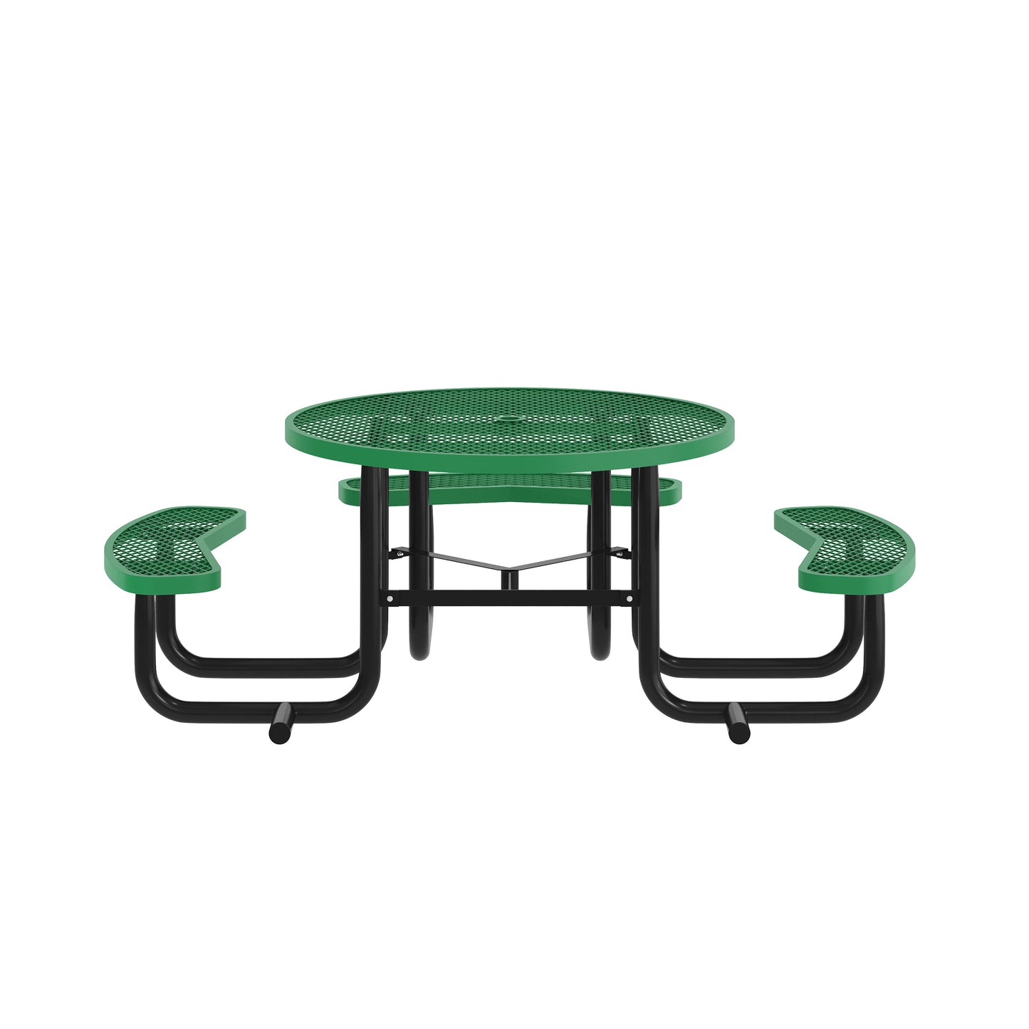 Creekside 46" Round Wheelchair Accessible Outdoor Picnic Table with Expanded Metal Mesh Seats and Top with Umbrella Hole and Ground Anchors, Green Green