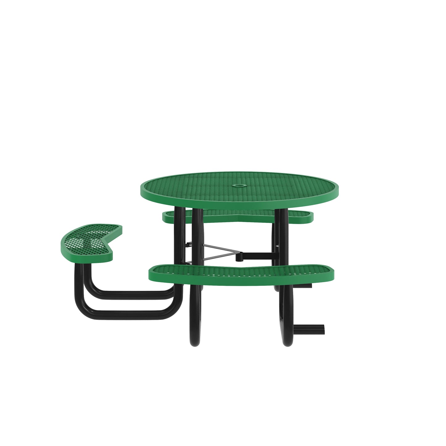 Creekside 46" Round Wheelchair Accessible Outdoor Picnic Table with Expanded Metal Mesh Seats and Top with Umbrella Hole and Ground Anchors, Green Green