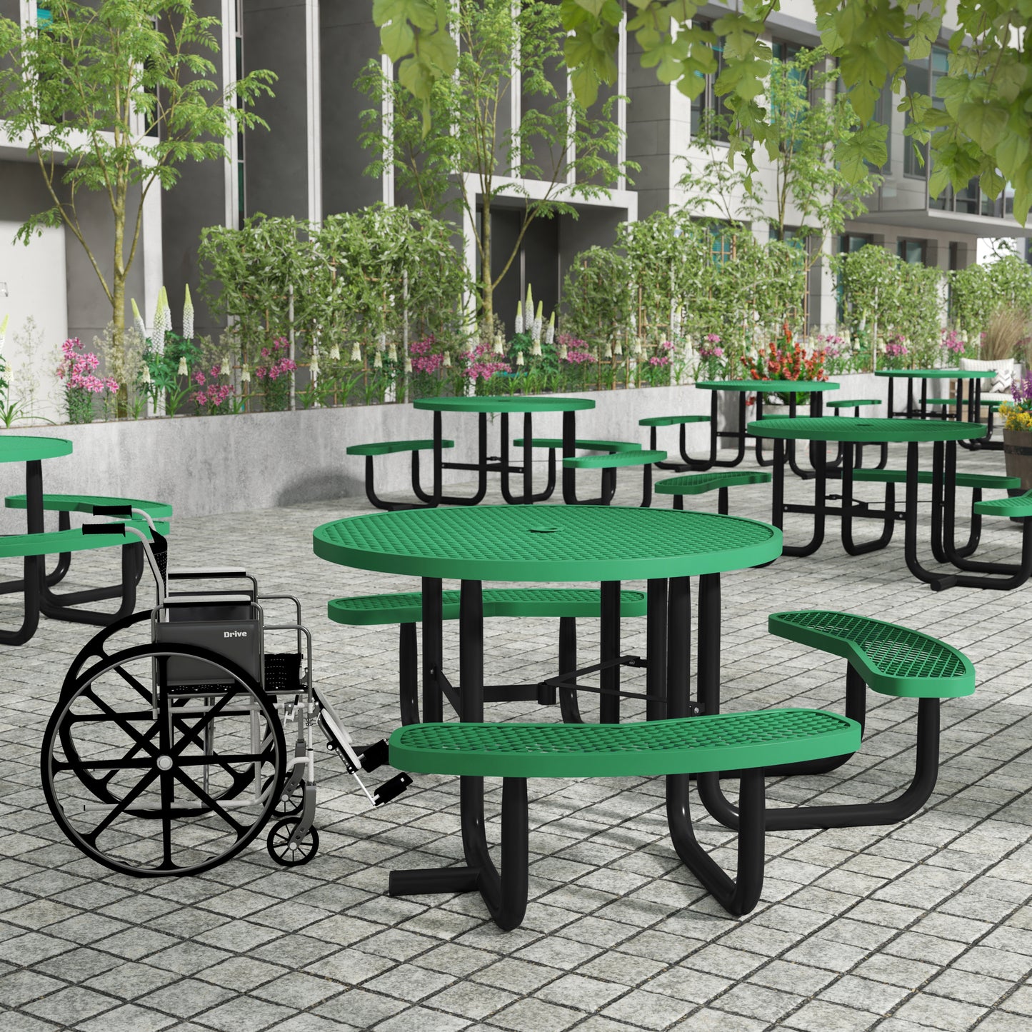 Creekside 46" Round Wheelchair Accessible Outdoor Picnic Table with Expanded Metal Mesh Seats and Top with Umbrella Hole and Ground Anchors, Green Green