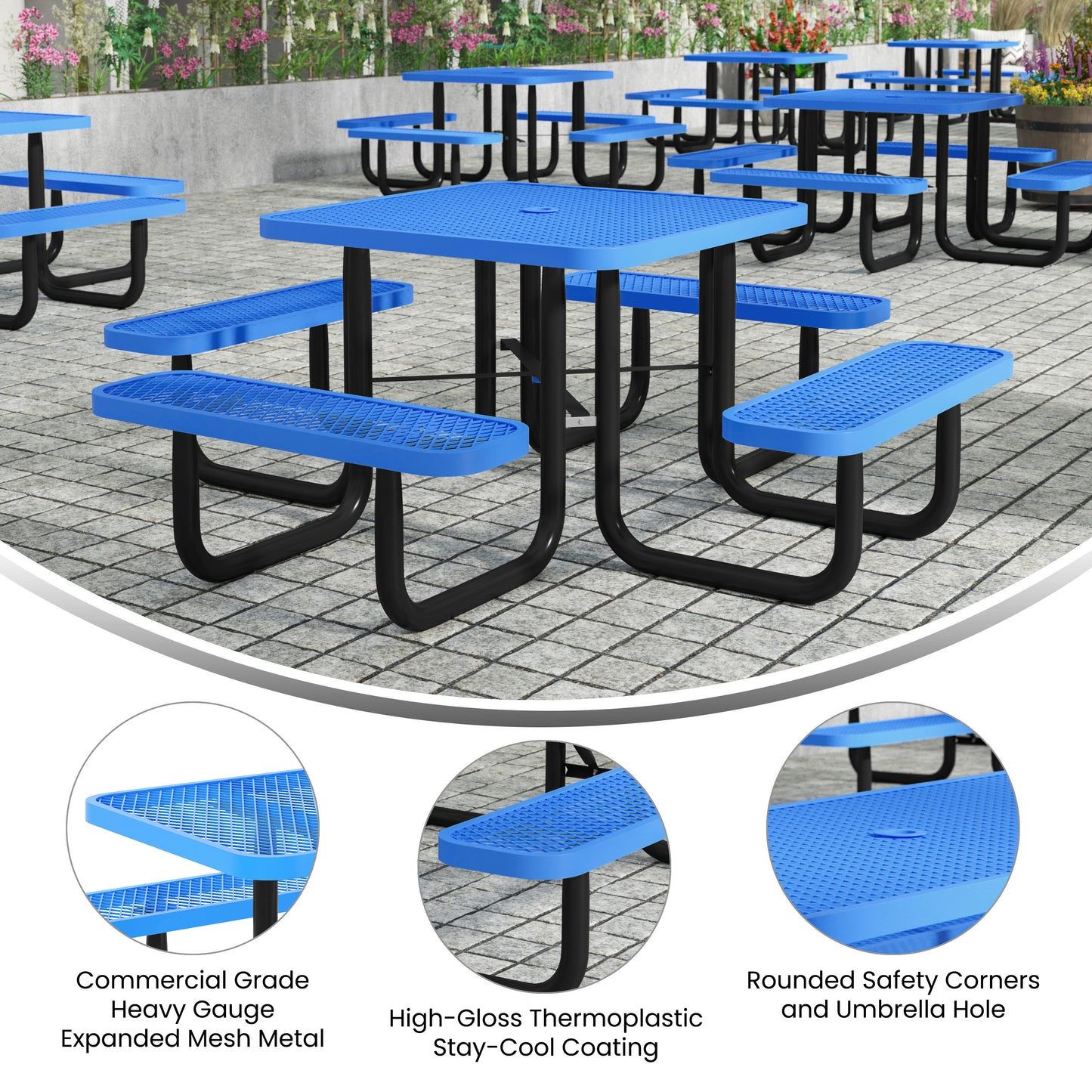 Creekside 46" Square Outdoor Picnic Table with Commercial Grade Heavy Gauge Expanded Metal Mesh Top and Seats and Steel Frame in Blue Blue