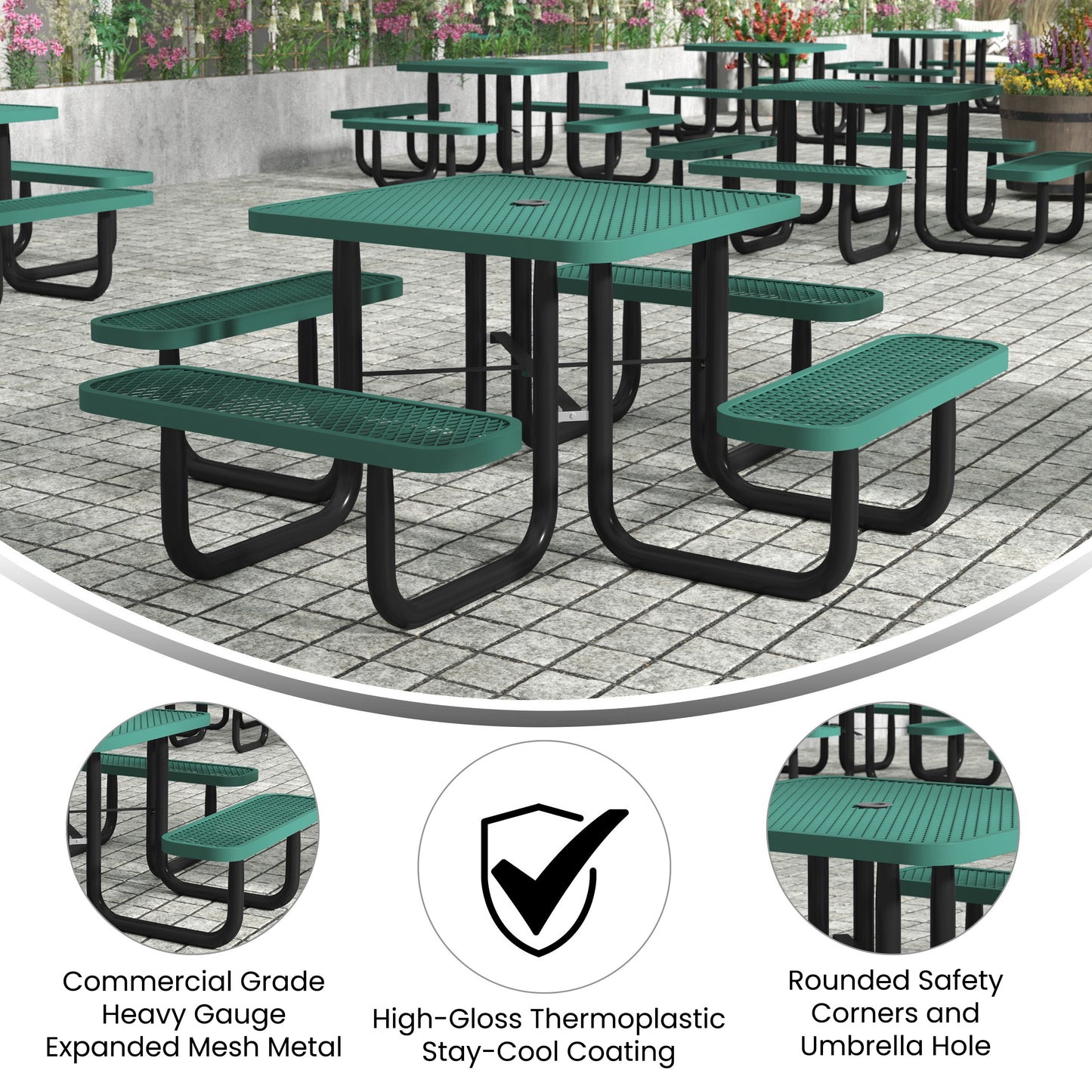 Creekside 46" Square Outdoor Picnic Table with Commercial Grade Heavy Gauge Green Expanded Metal Mesh Top and Seats and Black Steel Frame Green