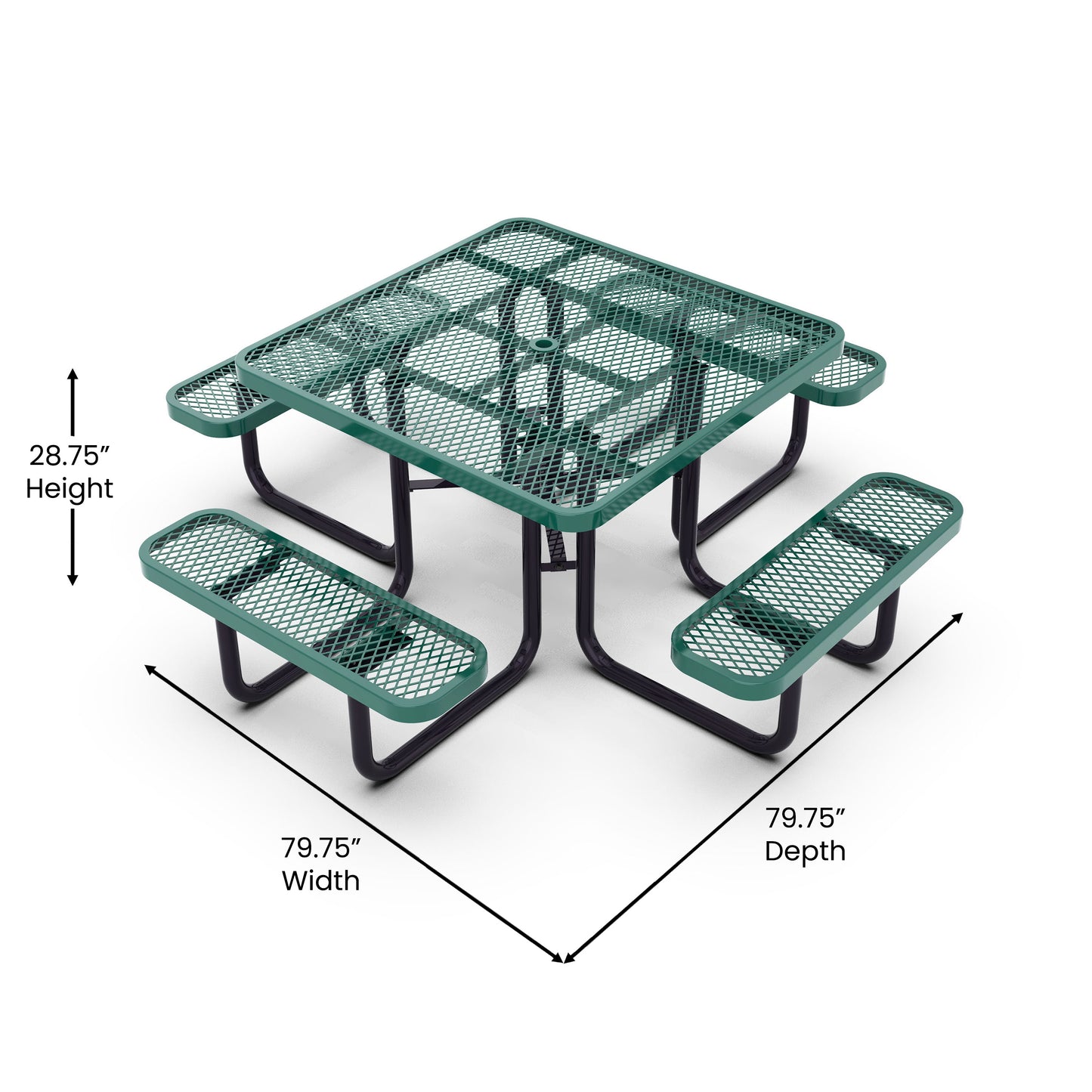 Creekside 46" Square Outdoor Picnic Table with Commercial Grade Heavy Gauge Green Expanded Metal Mesh Top and Seats and Black Steel Frame Green