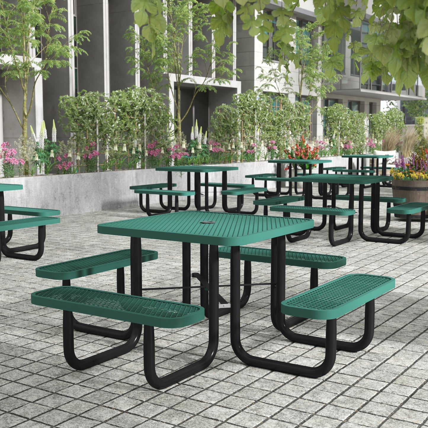 Creekside 46" Square Outdoor Picnic Table with Commercial Grade Heavy Gauge Green Expanded Metal Mesh Top and Seats and Black Steel Frame Green