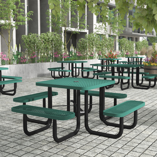 Creekside 46" Square Outdoor Picnic Table with Commercial Grade Heavy Gauge Green Expanded Metal Mesh Top and Seats and Black Steel Frame Green