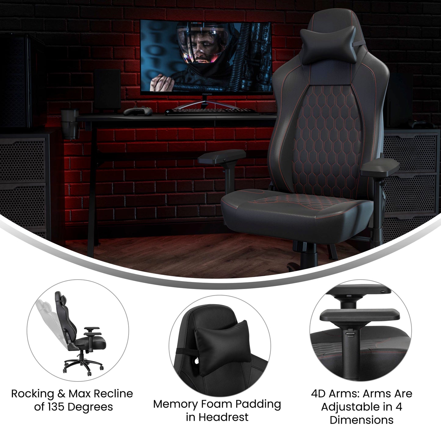 Falco Ergonomic High Back Adjustable Gaming Chair with 4D Armrests, Headrest Pillow, and Adjustable Lumbar Support, Black with Red Stitching Black with Red Trim