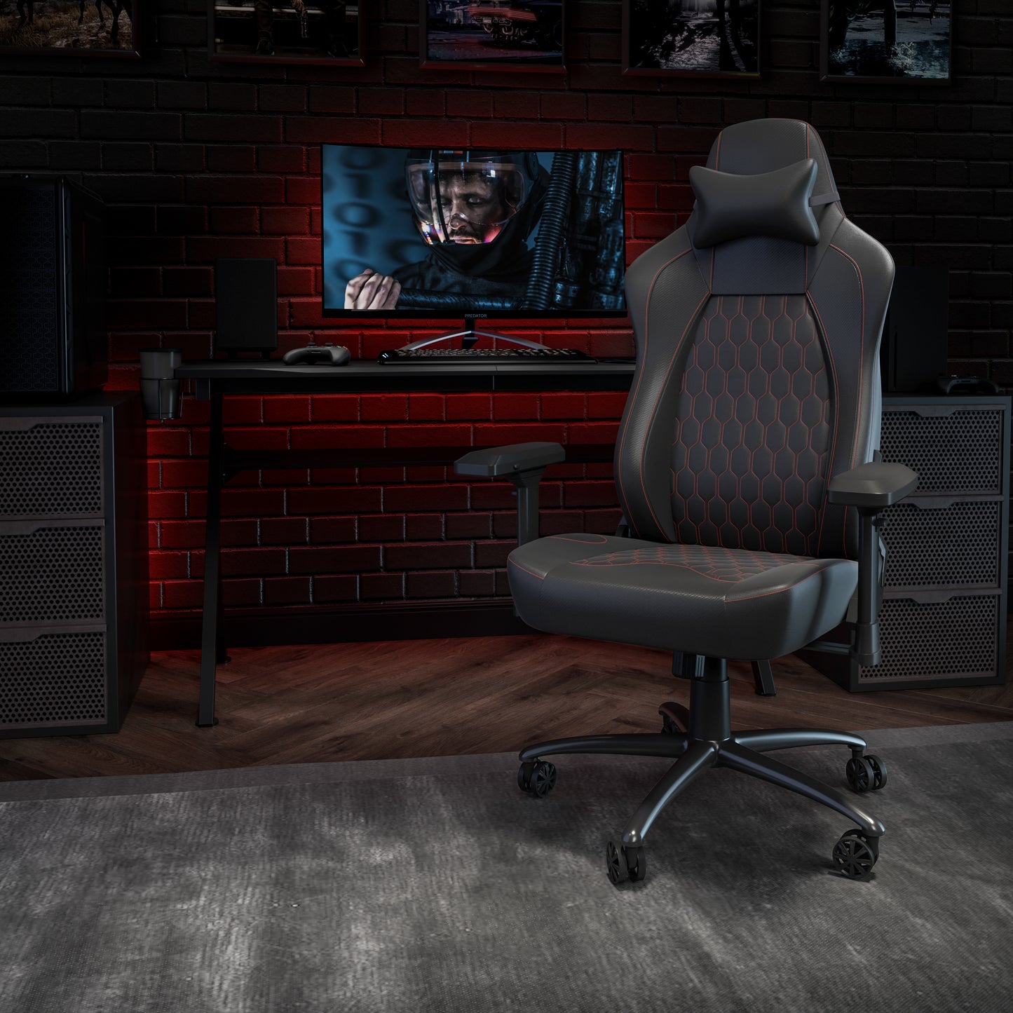 Falco Ergonomic High Back Adjustable Gaming Chair with 4D Armrests, Headrest Pillow, and Adjustable Lumbar Support, Black with Red Stitching Black with Red Trim