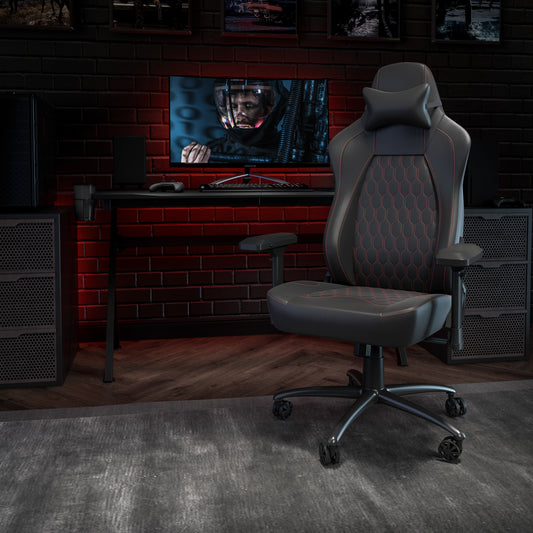 Falco Ergonomic High Back Adjustable Gaming Chair with 4D Armrests, Headrest Pillow, and Adjustable Lumbar Support, Black with Red Stitching Black with Red Trim