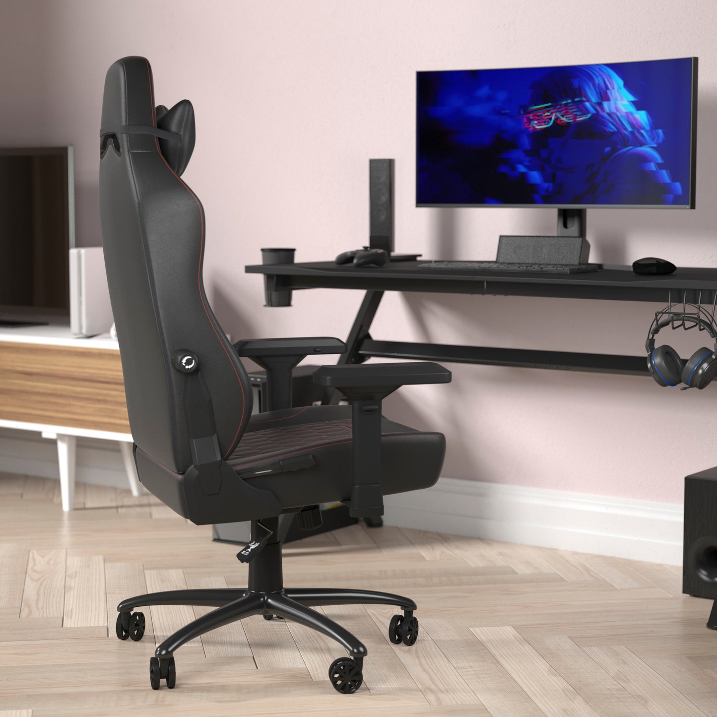 Falco Ergonomic High Back Adjustable Gaming Chair with 4D Armrests, Headrest Pillow, and Adjustable Lumbar Support, Black with Red Stitching Black with Red Trim