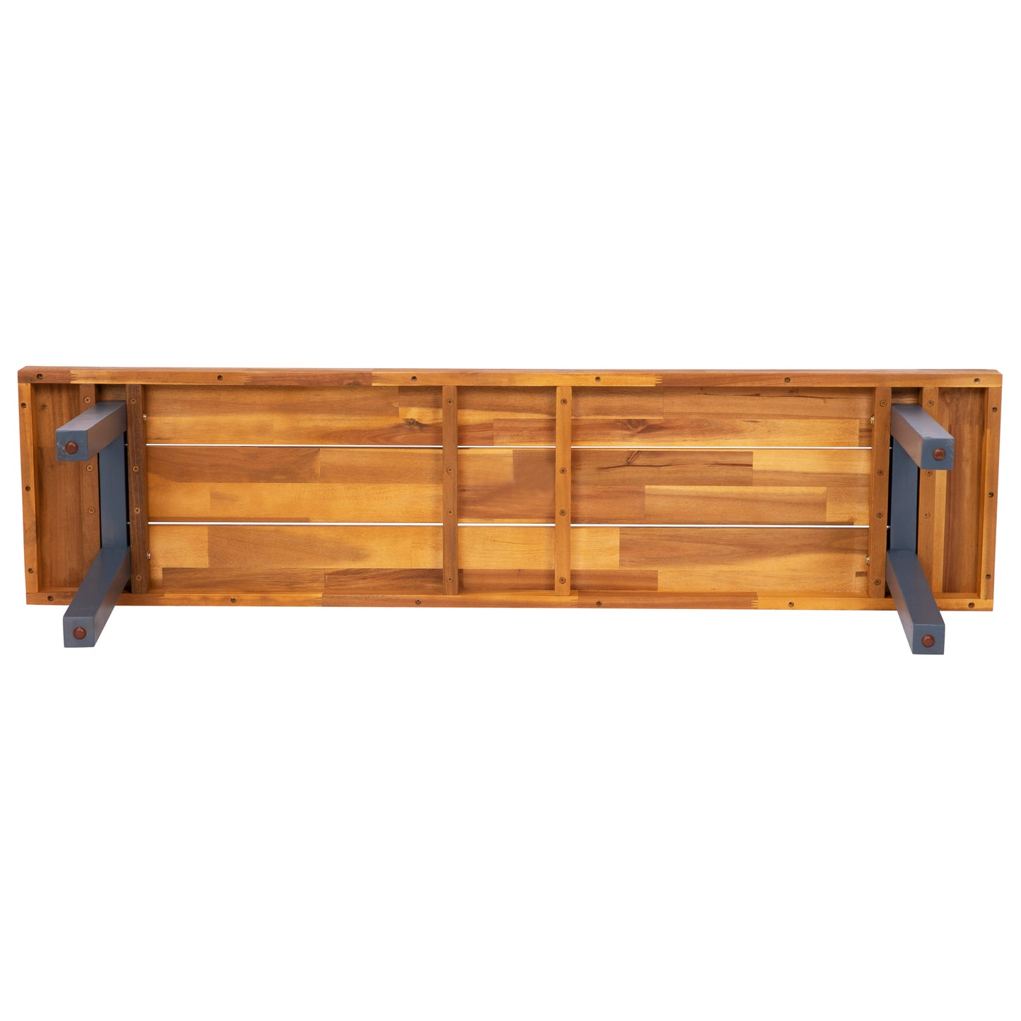 Martindale Solid Acacia Wood Patio Dining Bench for 2 with Slatted Top and Gray Flared Wooden Legs in a Natural Finish Natural