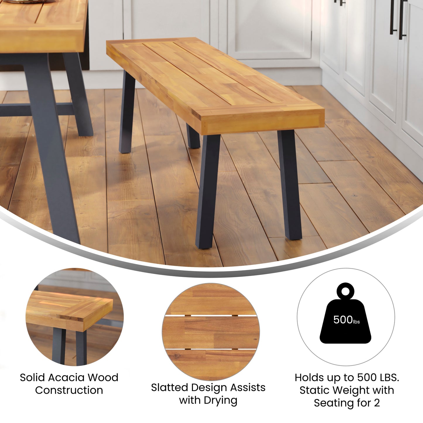 Martindale Solid Acacia Wood Patio Dining Bench for 2 with Slatted Top and Gray Flared Wooden Legs in a Natural Finish Natural