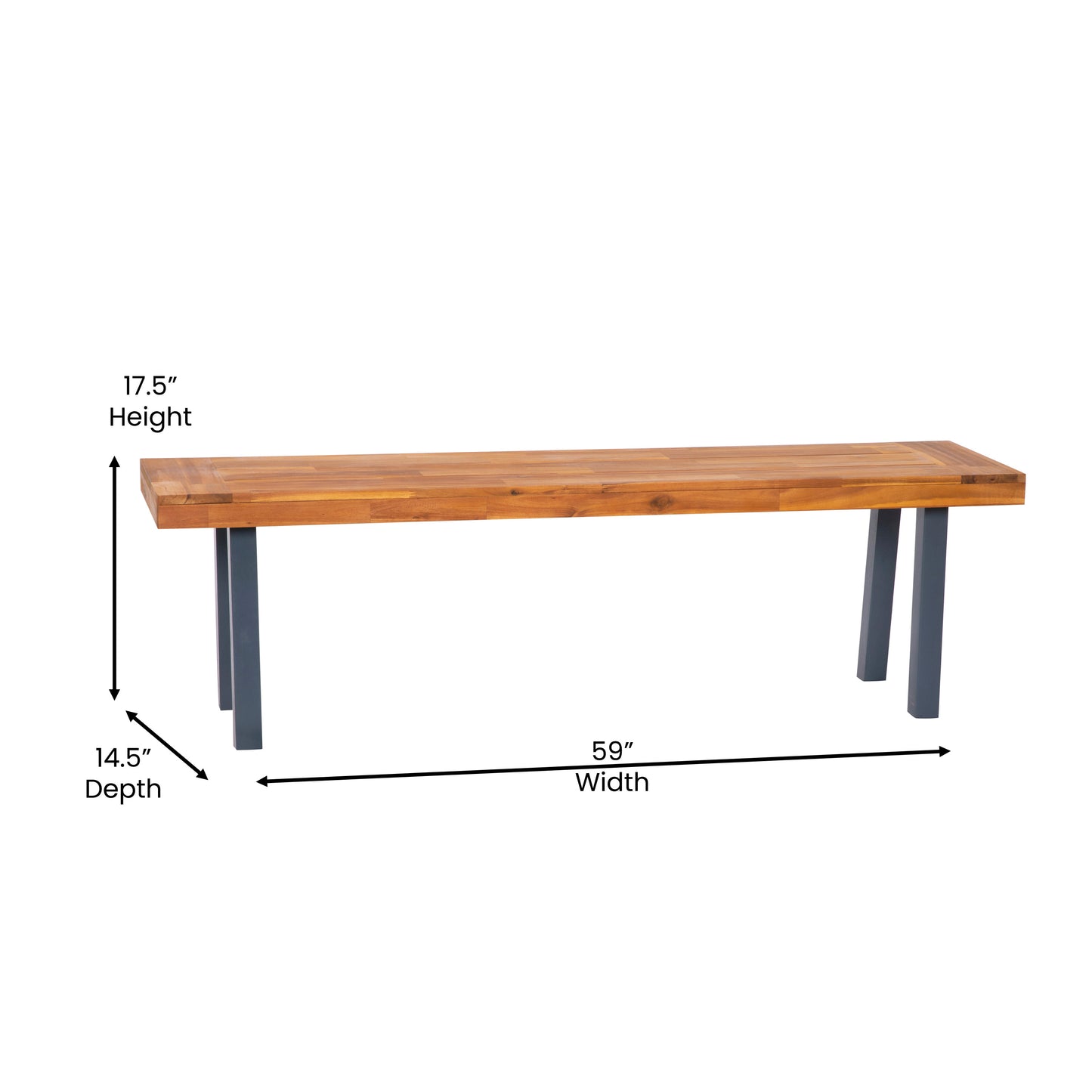 Martindale Solid Acacia Wood Patio Dining Bench for 2 with Slatted Top and Gray Flared Wooden Legs in a Natural Finish Natural