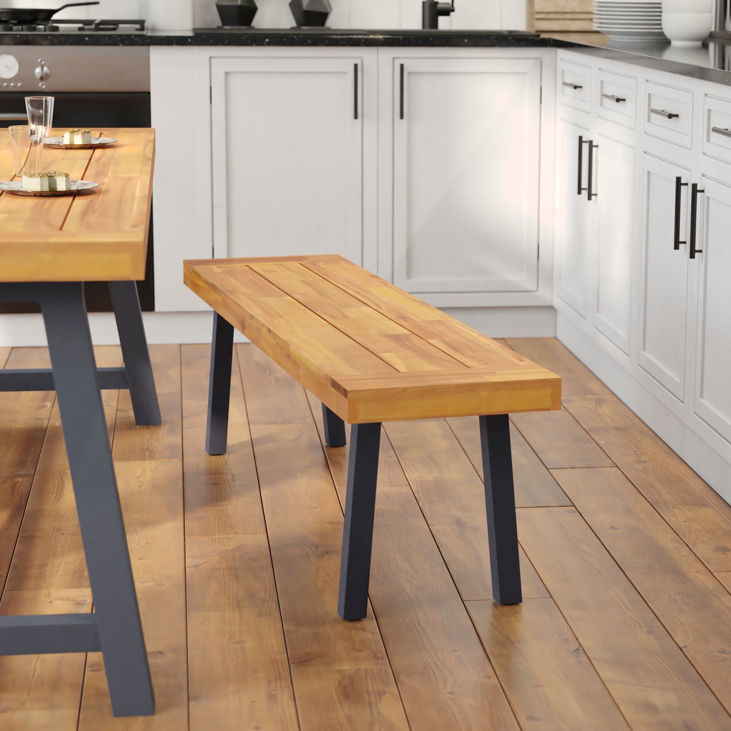 Martindale Solid Acacia Wood Patio Dining Bench for 2 with Slatted Top and Gray Flared Wooden Legs in a Natural Finish Natural