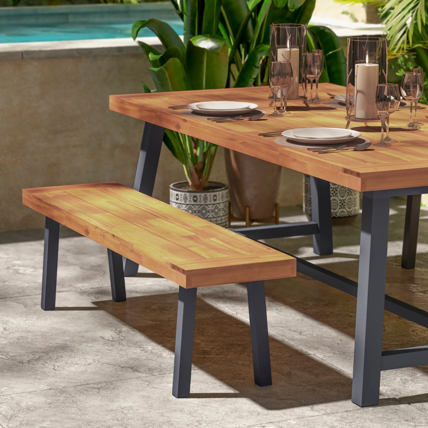 Martindale Solid Acacia Wood Patio Dining Bench for 2 with Slatted Top and Gray Flared Wooden Legs in a Natural Finish Natural