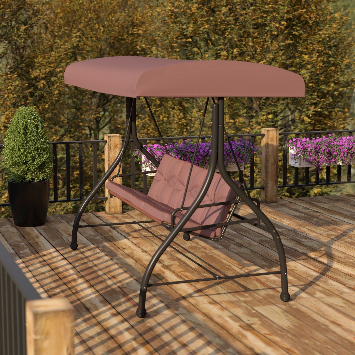 Tellis 3-Seat Outdoor Steel Converting Patio Swing Canopy Hammock with Cushions / Outdoor Swing Bed (Brown) Brown