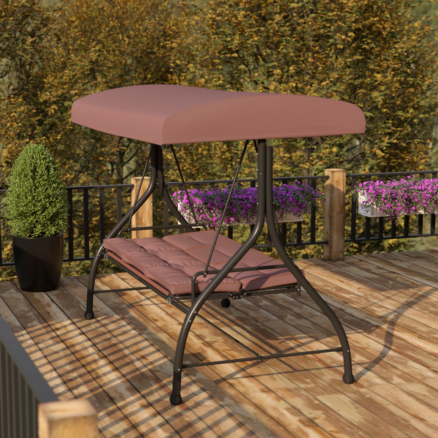 Tellis 3-Seat Outdoor Steel Converting Patio Swing Canopy Hammock with Cushions / Outdoor Swing Bed (Brown) Brown