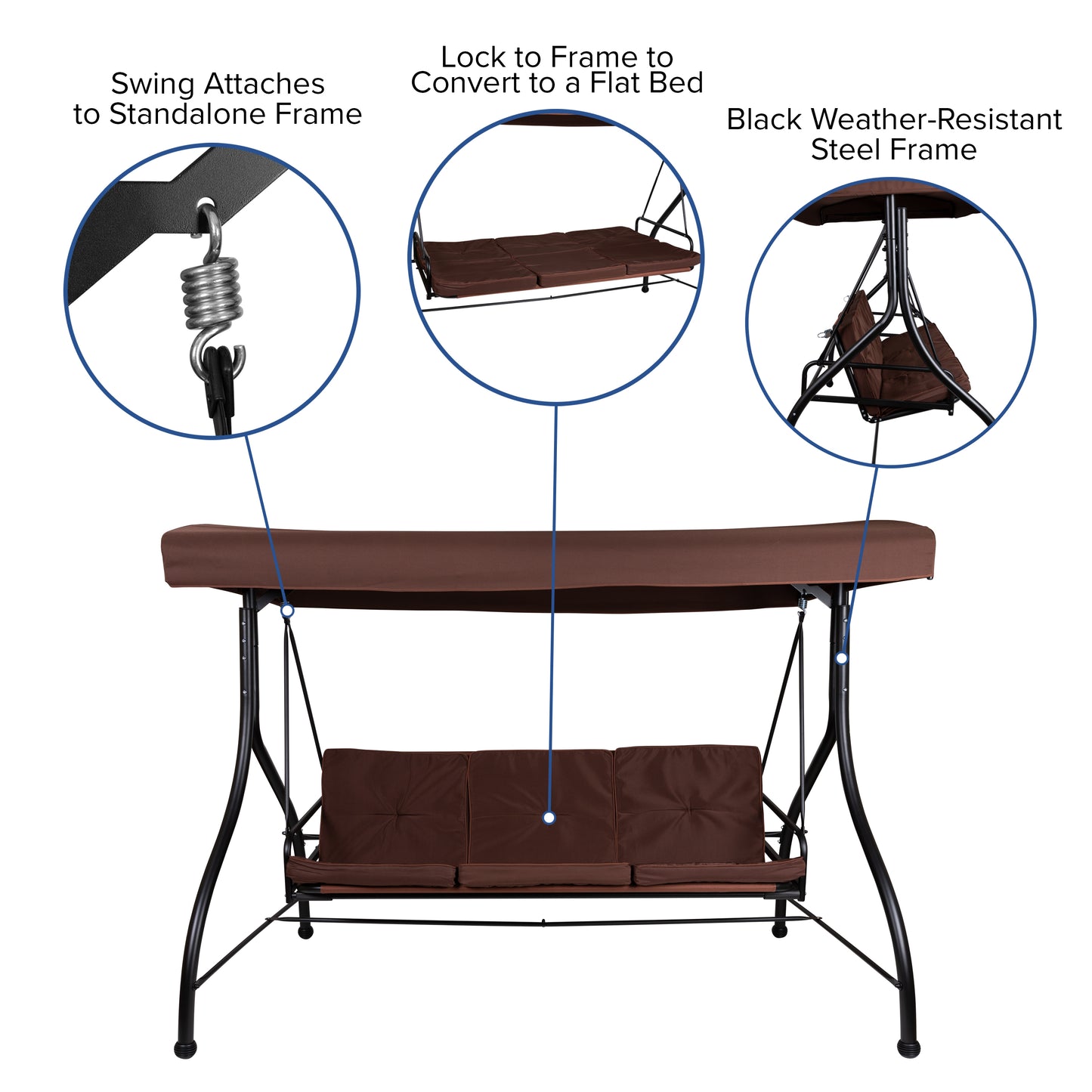 Tellis 3-Seat Outdoor Steel Converting Patio Swing Canopy Hammock with Cushions / Outdoor Swing Bed (Brown) Brown