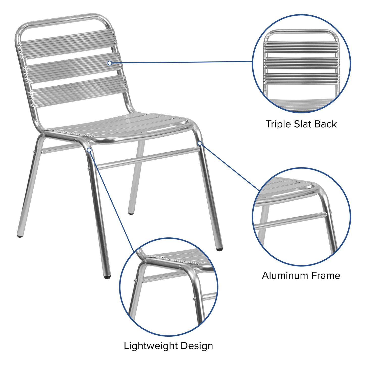 Lila Commercial Metal Indoor-Outdoor Restaurant Stack Chair with Triple Slat Back Aluminum