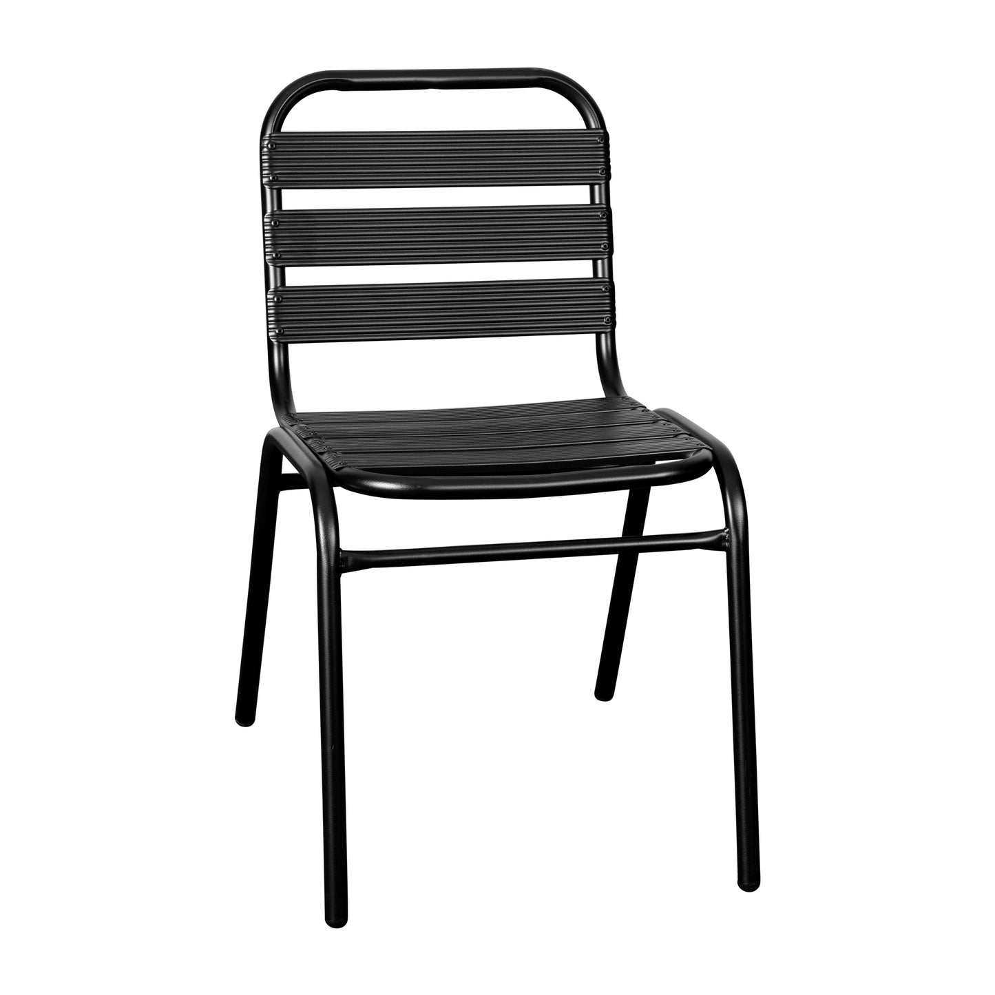 Lila Commercial Black Metal Indoor-Outdoor Restaurant Stack Chair with Metal Triple Slat Back Black