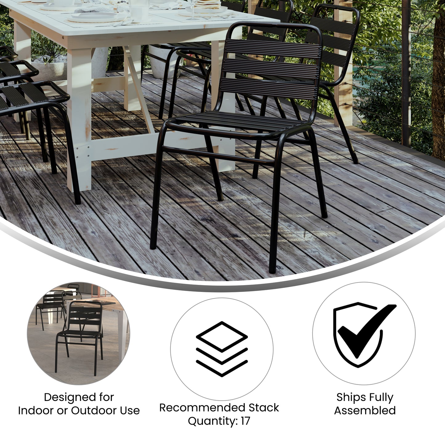Lila Commercial Black Metal Indoor-Outdoor Restaurant Stack Chair with Metal Triple Slat Back Black