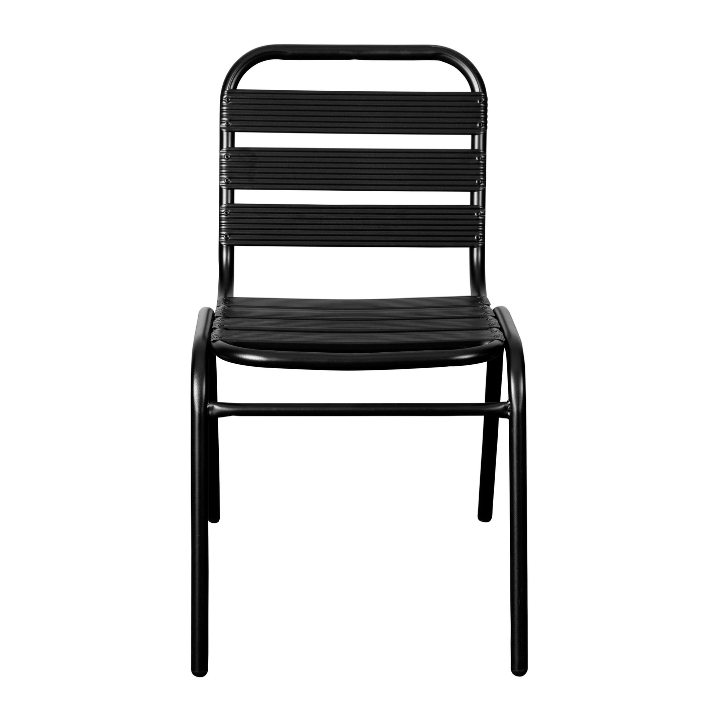 Lila Commercial Black Metal Indoor-Outdoor Restaurant Stack Chair with Metal Triple Slat Back Black