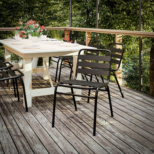 Lila Commercial Black Metal Indoor-Outdoor Restaurant Stack Chair with Metal Triple Slat Back Black