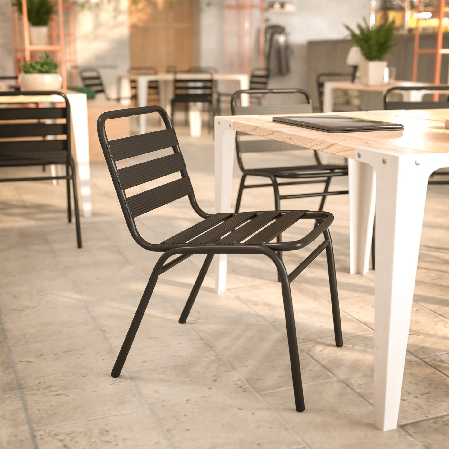 Lila Commercial Black Metal Indoor-Outdoor Restaurant Stack Chair with Metal Triple Slat Back Black