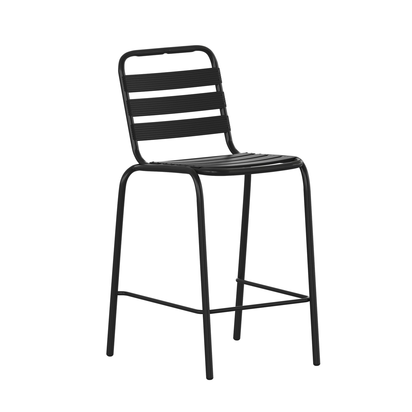 Lila Commercial Black Metal Indoor-Outdoor Restaurant Bar Height Stool with Metal Triple Slat Back Black