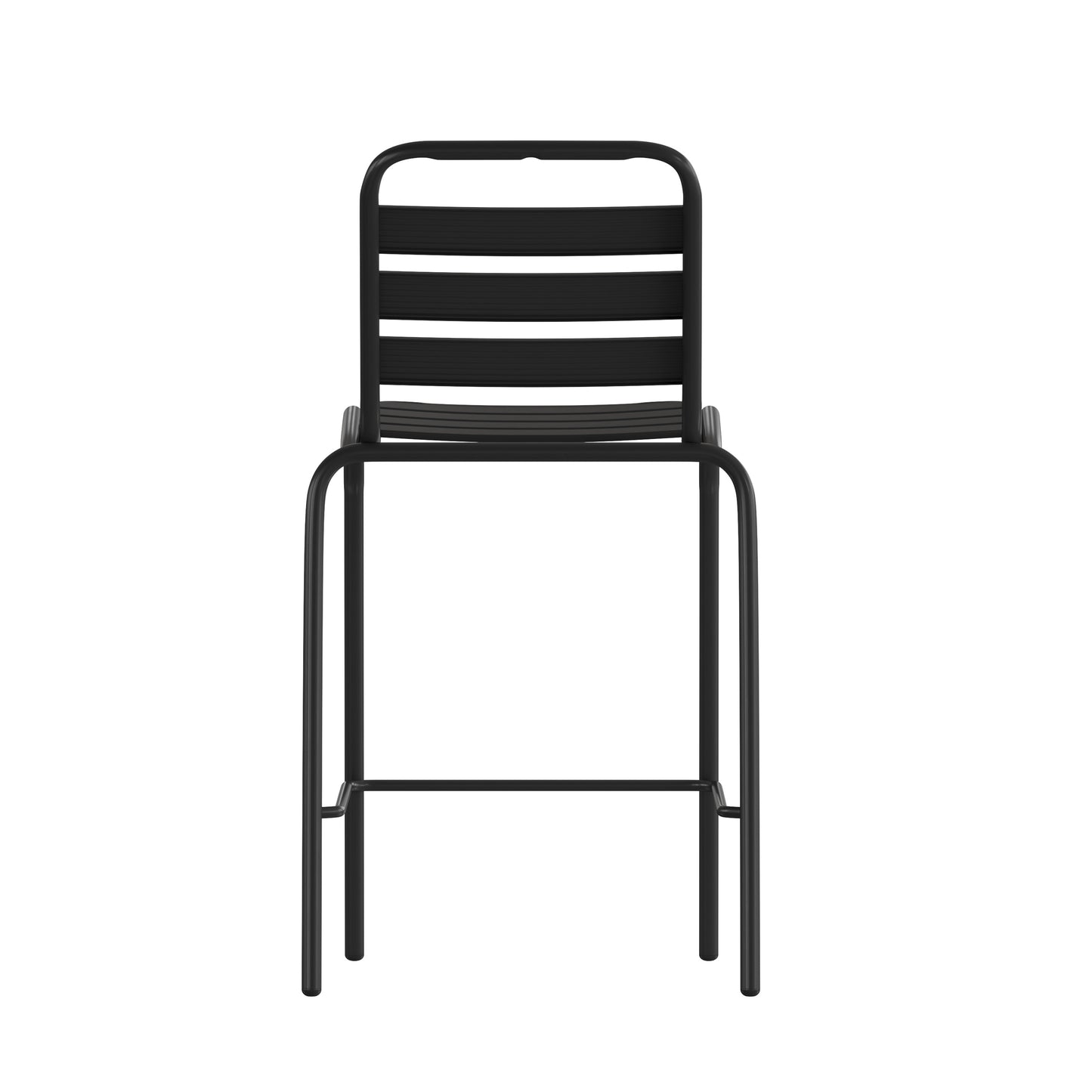 Lila Commercial Black Metal Indoor-Outdoor Restaurant Bar Height Stool with Metal Triple Slat Back Black