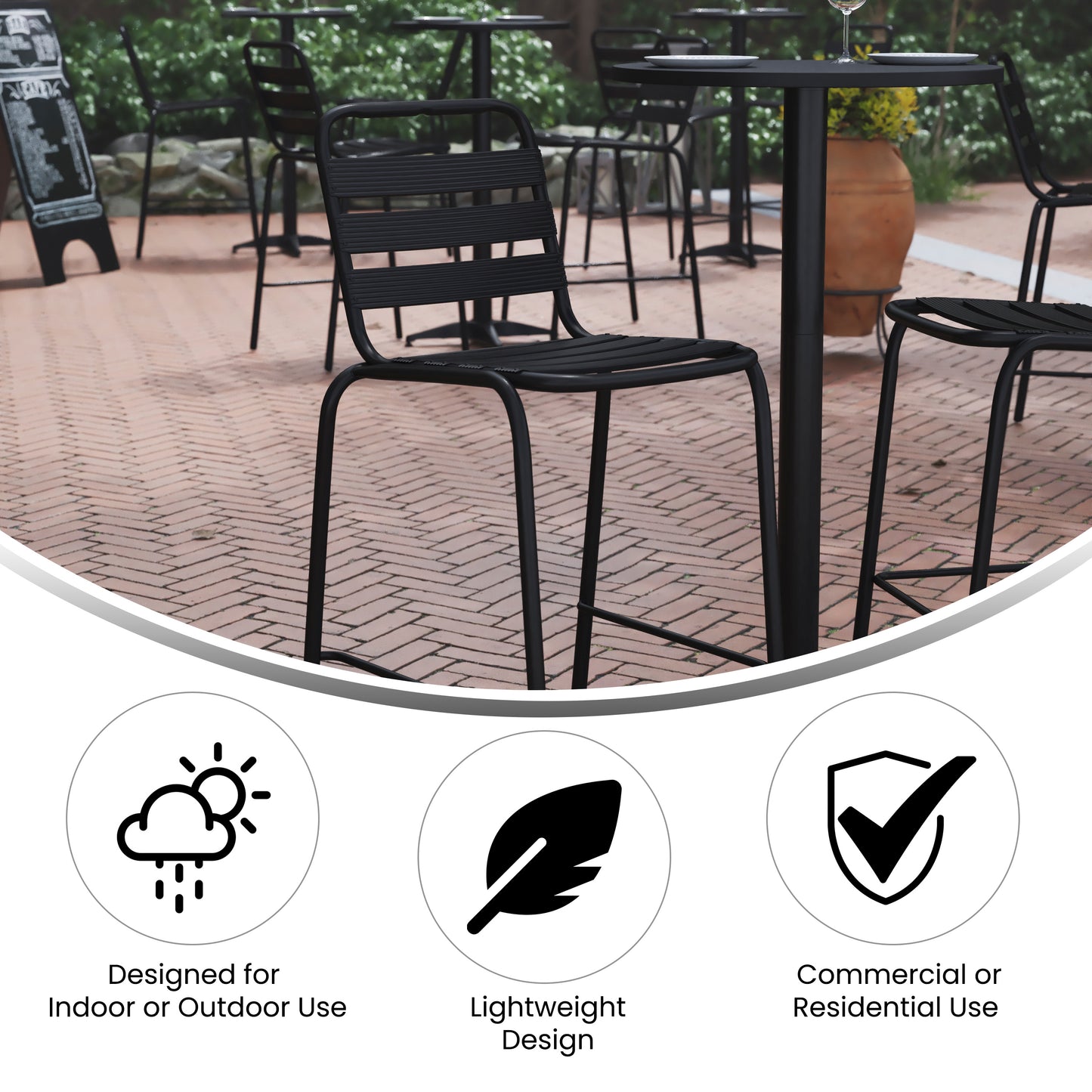 Lila Commercial Black Metal Indoor-Outdoor Restaurant Bar Height Stool with Metal Triple Slat Back Black