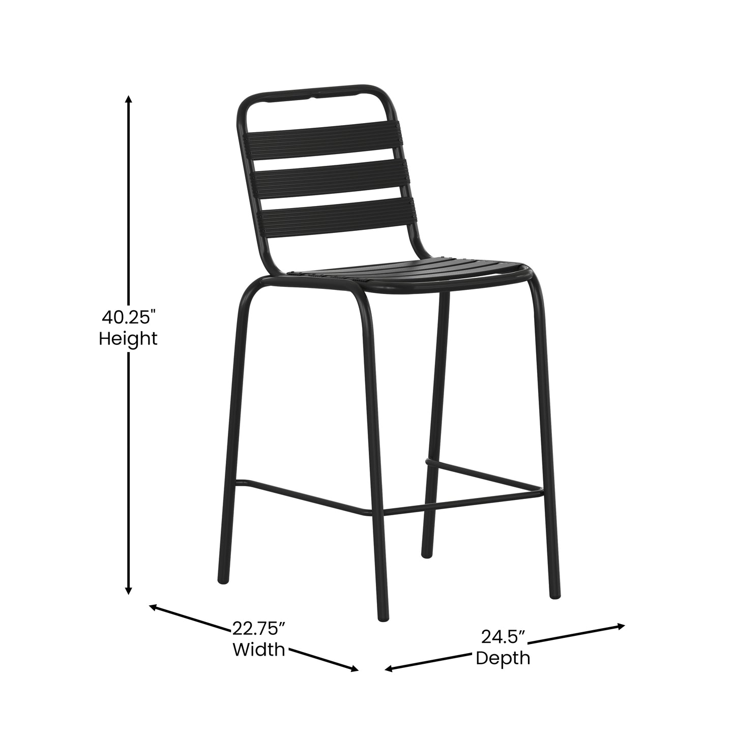 Lila Commercial Black Metal Indoor-Outdoor Restaurant Bar Height Stool with Metal Triple Slat Back Black