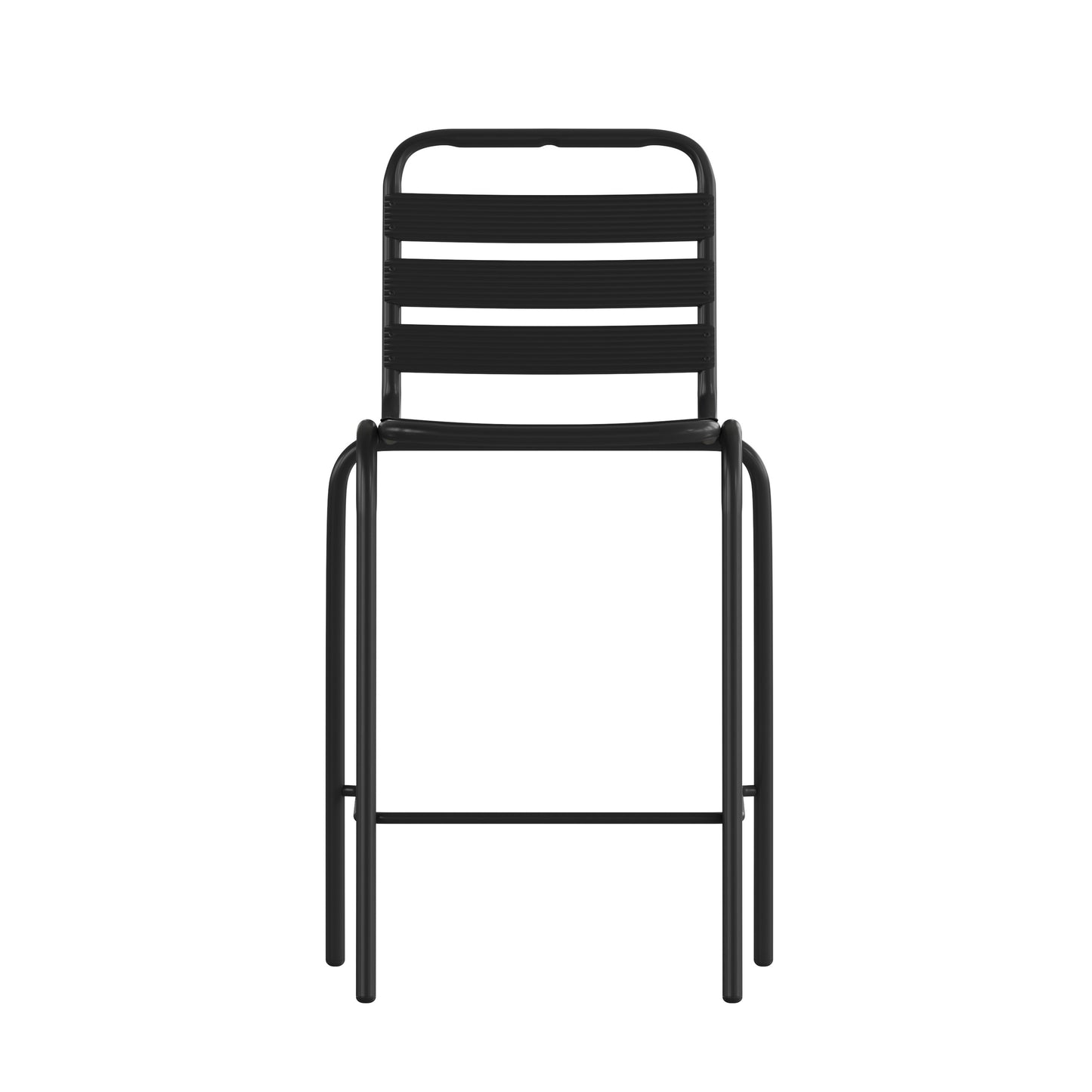 Lila Commercial Black Metal Indoor-Outdoor Restaurant Bar Height Stool with Metal Triple Slat Back Black