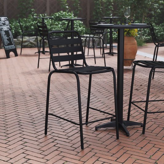 Lila Commercial Black Metal Indoor-Outdoor Restaurant Bar Height Stool with Metal Triple Slat Back Black
