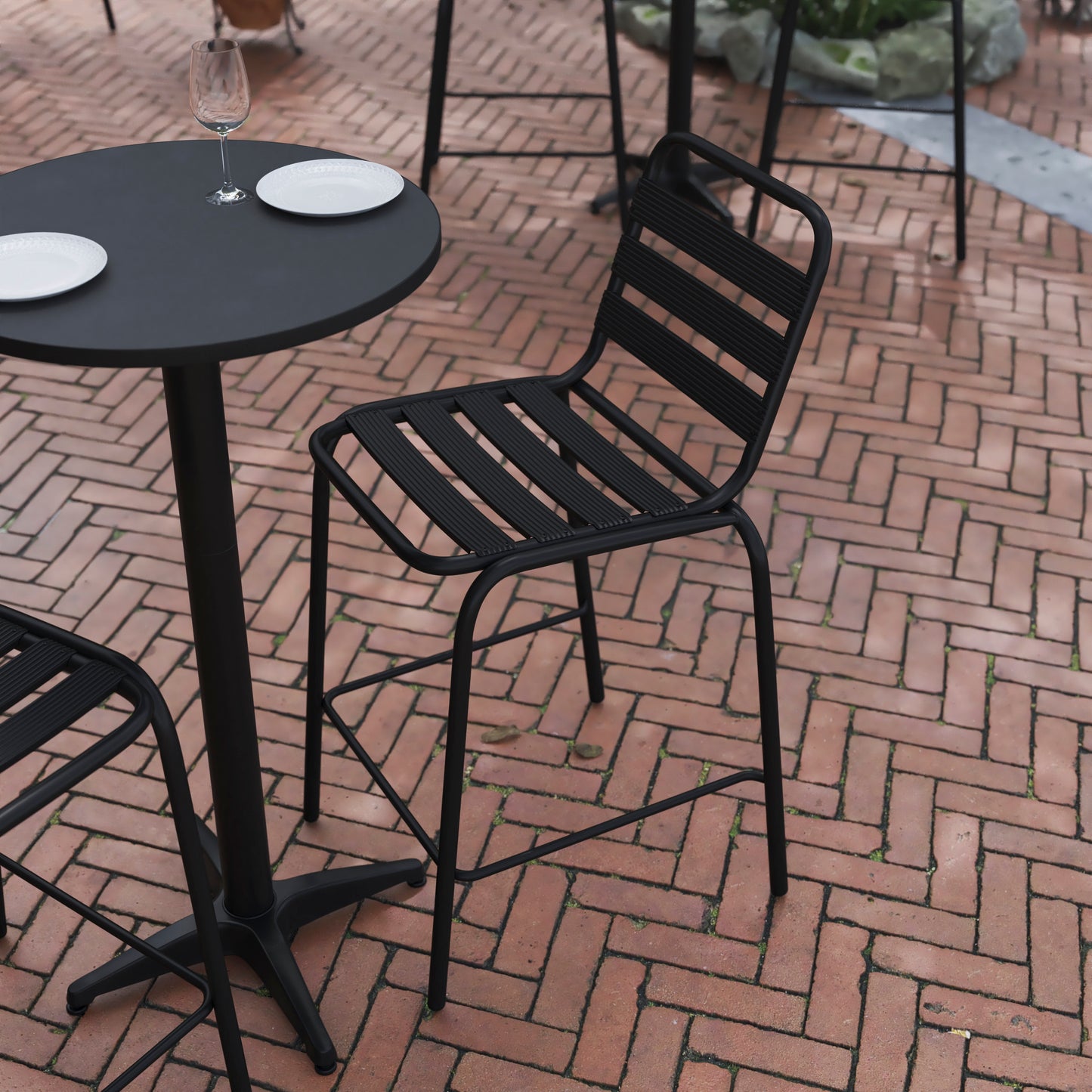 Lila Commercial Black Metal Indoor-Outdoor Restaurant Bar Height Stool with Metal Triple Slat Back Black