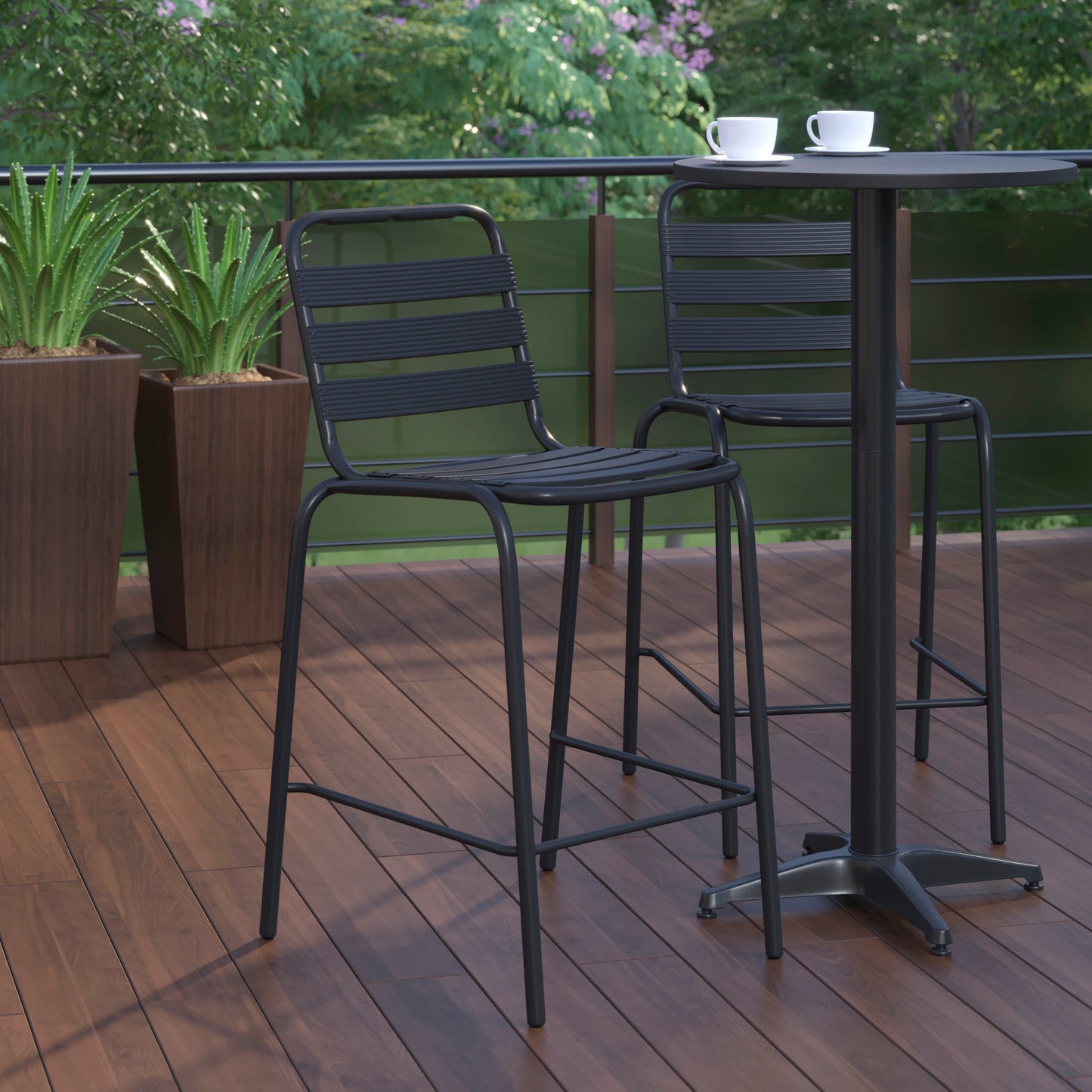 Lila Commercial Black Metal Indoor-Outdoor Restaurant Bar Height Stool with Metal Triple Slat Back Black