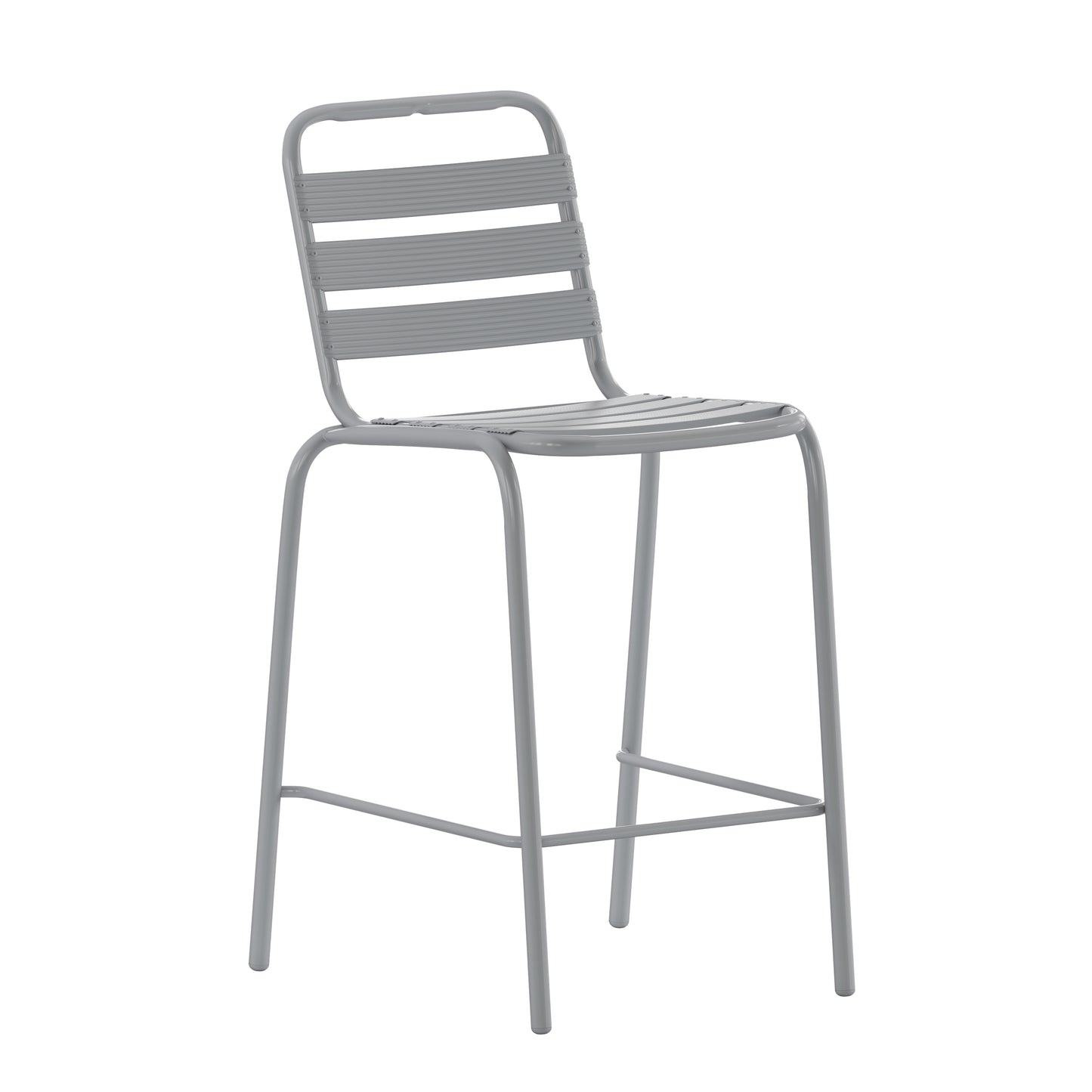 Lila Commercial Silver Metal Indoor-Outdoor Restaurant Bar Height Stool with Metal Triple Slat Back Silver