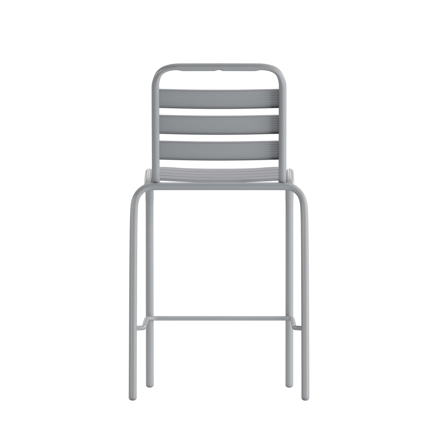Lila Commercial Silver Metal Indoor-Outdoor Restaurant Bar Height Stool with Metal Triple Slat Back Silver