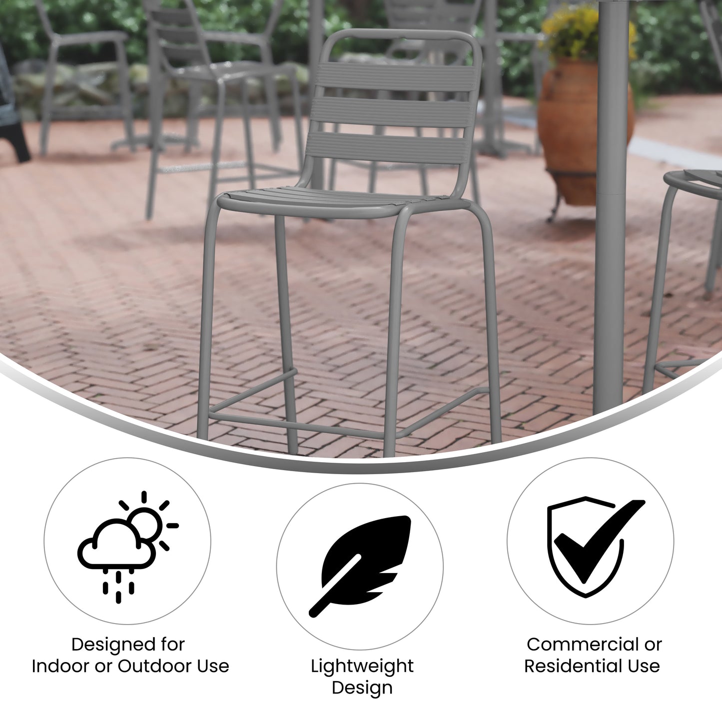 Lila Commercial Silver Metal Indoor-Outdoor Restaurant Bar Height Stool with Metal Triple Slat Back Silver