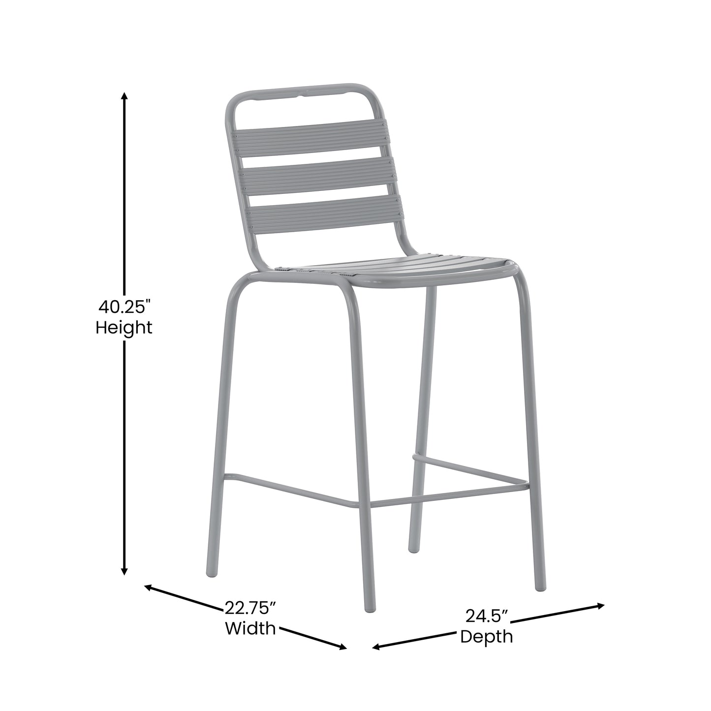 Lila Commercial Silver Metal Indoor-Outdoor Restaurant Bar Height Stool with Metal Triple Slat Back Silver