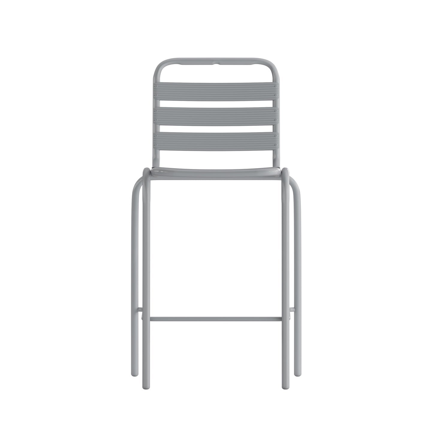 Lila Commercial Silver Metal Indoor-Outdoor Restaurant Bar Height Stool with Metal Triple Slat Back Silver