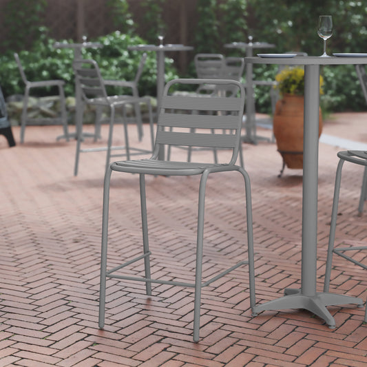 Lila Commercial Silver Metal Indoor-Outdoor Restaurant Bar Height Stool with Metal Triple Slat Back Silver